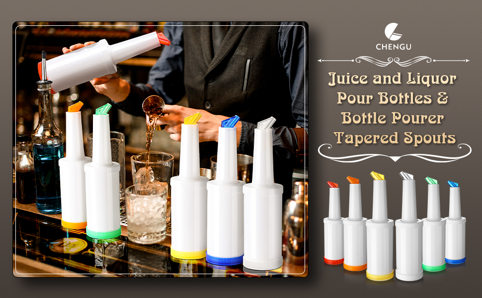 Chengu Fruit Juice Pour Bottles 34 oz Plastic Liquor Bar Supplies with Stainless Steel Bottle Pourer Tapered Spout for Cocktail Bartending Liquor Juice Store(Bright Colors,3 Pack)