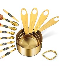 GuDoQi Gold Measuring Cups and Spoons Set of 8, Wood Handle with Metric and US Measurements, Premium Stainless Steel, Golden Polished Finish, Dry & Liquid Measuring Cup for Cooking and Baking