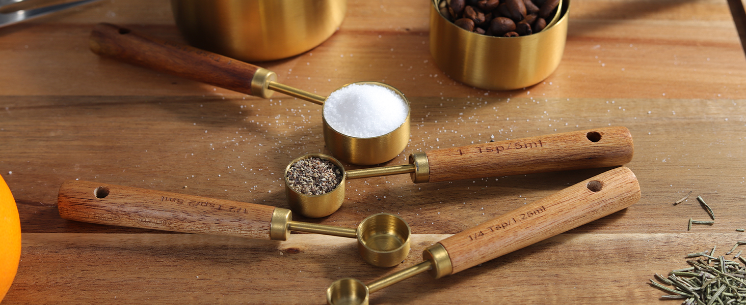 GuDoQi Gold Measuring Cups and Spoons Set of 8, Wood Handle with Metric and US Measurements, Premium Stainless Steel, Golden Polished Finish, Dry & Liquid Measuring Cup for Cooking and Baking