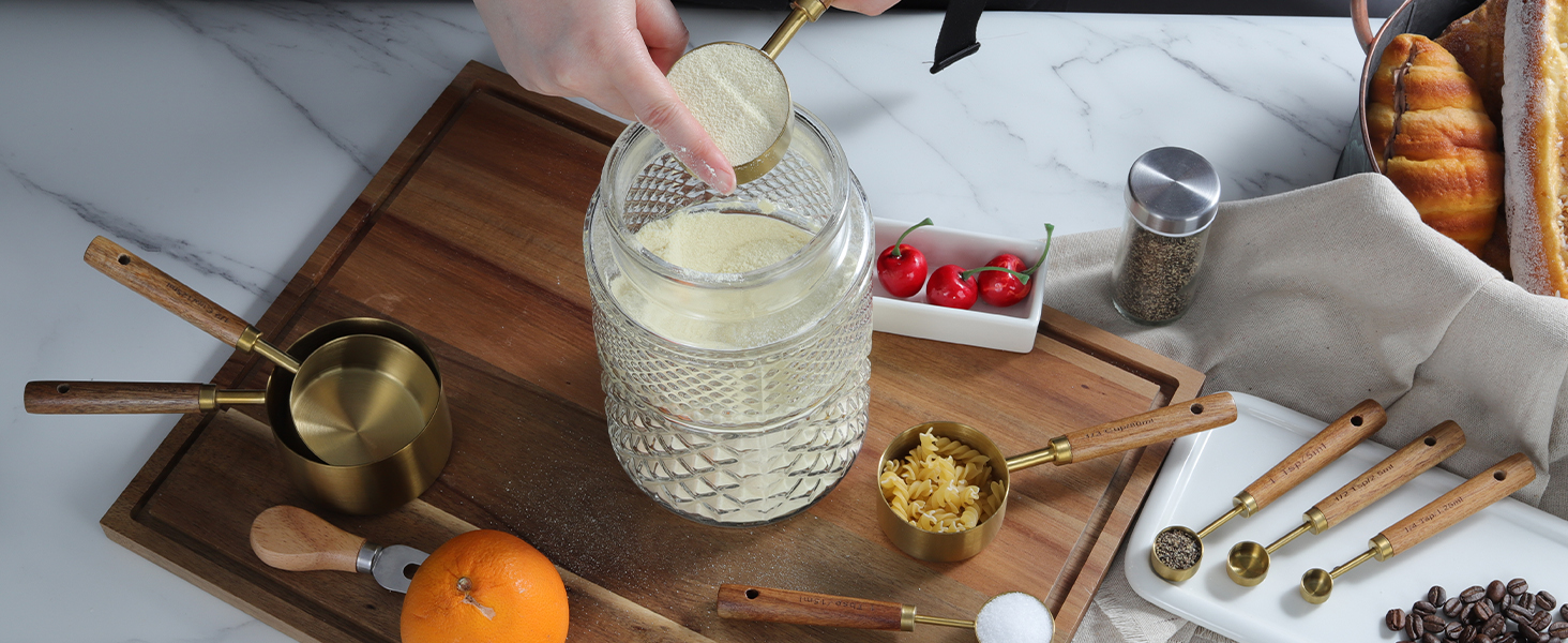 GuDoQi Gold Measuring Cups and Spoons Set of 8, Wood Handle with Metric and US Measurements, Premium Stainless Steel, Golden Polished Finish, Dry & Liquid Measuring Cup for Cooking and Baking