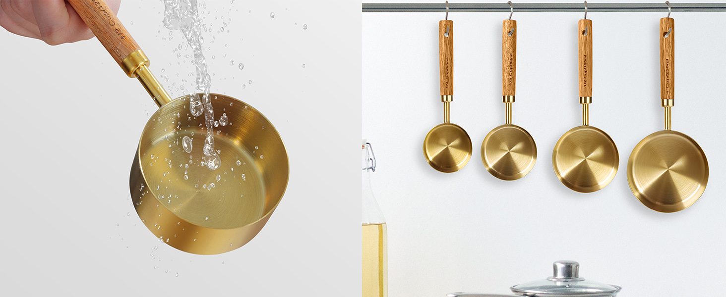GuDoQi Gold Measuring Cups and Spoons Set of 8, Wood Handle with Metric and US Measurements, Premium Stainless Steel, Golden Polished Finish, Dry & Liquid Measuring Cup for Cooking and Baking