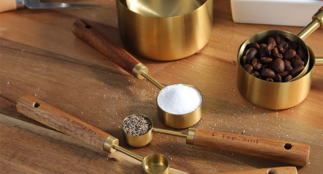 GuDoQi Gold Measuring Cups and Spoons Set of 8, Wood Handle with Metric and US Measurements, Premium Stainless Steel, Golden Polished Finish, Dry & Liquid Measuring Cup for Cooking and Baking