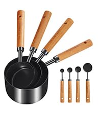 GuDoQi Gold Measuring Cups and Spoons Set of 8, Wood Handle with Metric and US Measurements, Premium Stainless Steel, Golden Polished Finish, Dry & Liquid Measuring Cup for Cooking and Baking