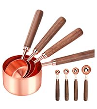 GuDoQi Gold Measuring Cups and Spoons Set of 8, Wood Handle with Metric and US Measurements, Premium Stainless Steel, Golden Polished Finish, Dry & Liquid Measuring Cup for Cooking and Baking
