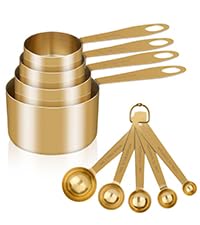 GuDoQi Gold Measuring Cups and Spoons Set of 8, Wood Handle with Metric and US Measurements, Premium Stainless Steel, Golden Polished Finish, Dry & Liquid Measuring Cup for Cooking and Baking