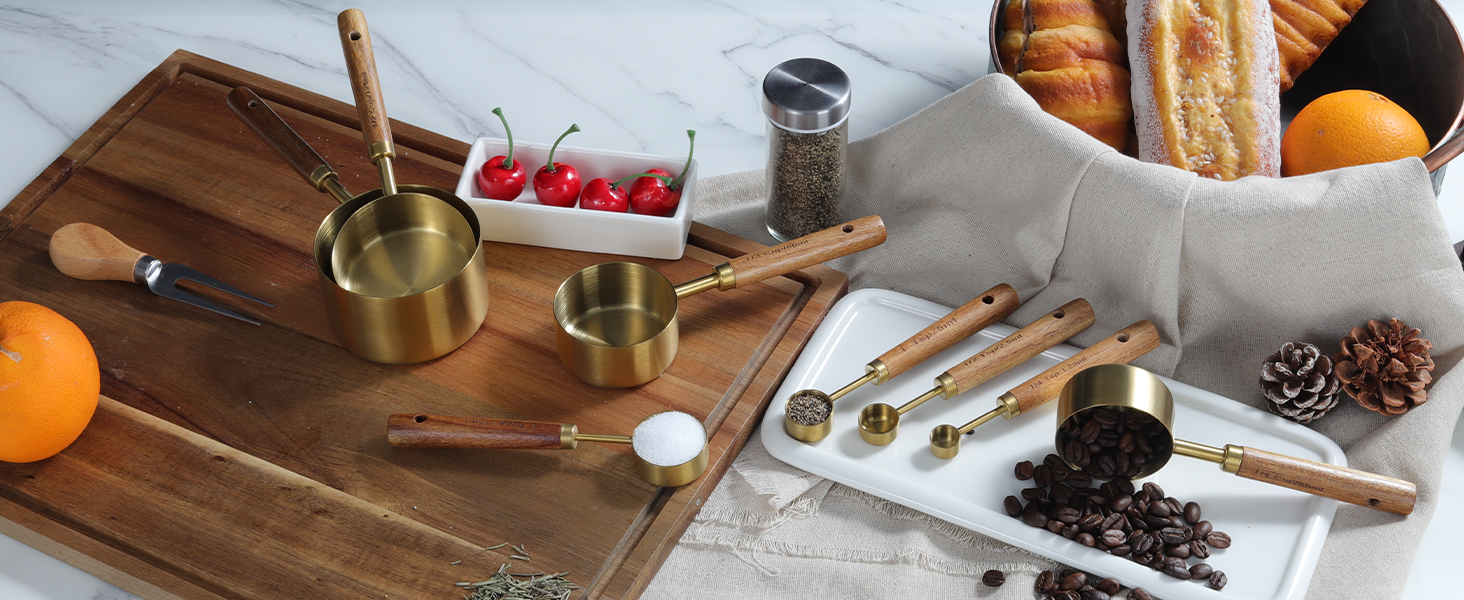 GuDoQi Gold Measuring Cups and Spoons Set of 8, Wood Handle with Metric and US Measurements, Premium Stainless Steel, Golden Polished Finish, Dry & Liquid Measuring Cup for Cooking and Baking