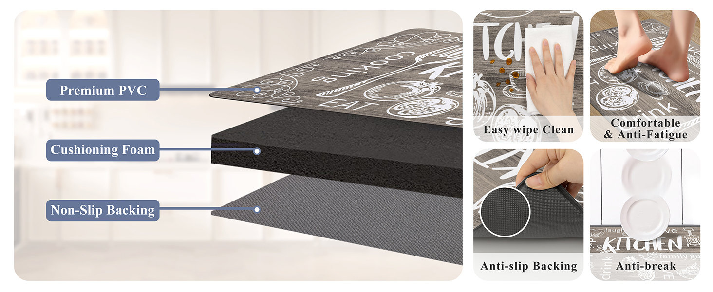 HEBE Kitchen Mats for Floor Set of 2 Thick Anti Fatigue Mat for Cushioned, Waterproof Non-Slip Rugs Comfort Standing Chef Mat for Kitchen Sink, Laundry Room, Farmhouse Home Decor, Brown