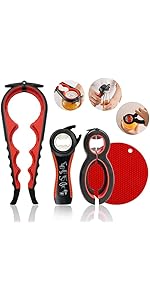 Jar Opener for Weak Hands, Seniors with Arthritis, 5 in 1 Multi Function Bottle Opener Lid Opener For Arthritic Hands with Non Slip Rubber Jar opener Gripper Pad(red)