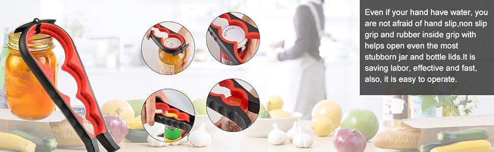 Jar Opener for Weak Hands, Seniors with Arthritis, 5 in 1 Multi Function Bottle Opener Lid Opener For Arthritic Hands with Non Slip Rubber Jar opener Gripper Pad(red)