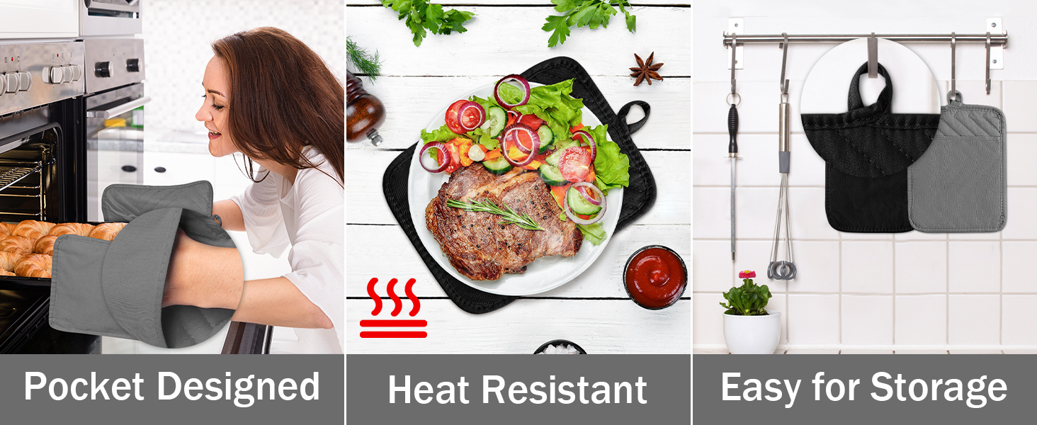 GROBRO7 5Pack Pot Holders for Kitchen Heat Resistant Cotton Potholder Multipurpose Hot Pad Machine Washable Oven Mitts with Pocket Potholders for Baking and Cooking 8.9 x 6.9 in Gray Black