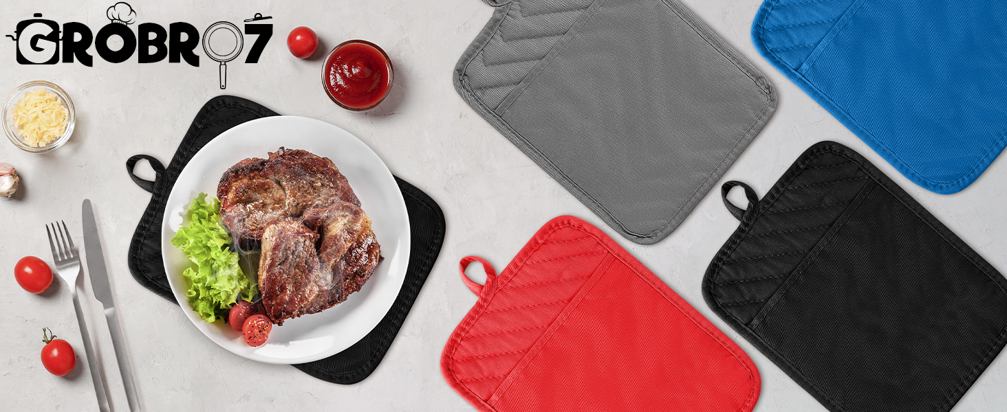GROBRO7 5Pack Pot Holders for Kitchen Heat Resistant Cotton Potholder Multipurpose Hot Pad Machine Washable Oven Mitts with Pocket Potholders for Baking and Cooking 8.9 x 6.9 in Gray Black