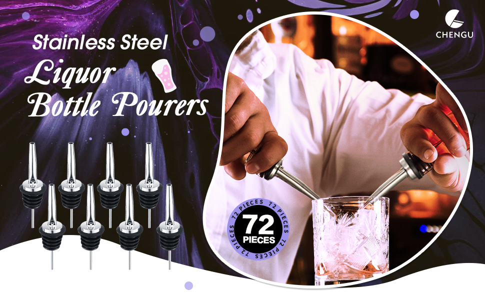 Chengu 72 Pcs Liquor Spout Stainless Steel Bottle Pourers Tapered Liquor Pourers with Rubber Dust Caps Tapered Spouts Set Bar Supplies Vinegar Bottle Dispenser Wine Spout for Alcohol Olive Oil