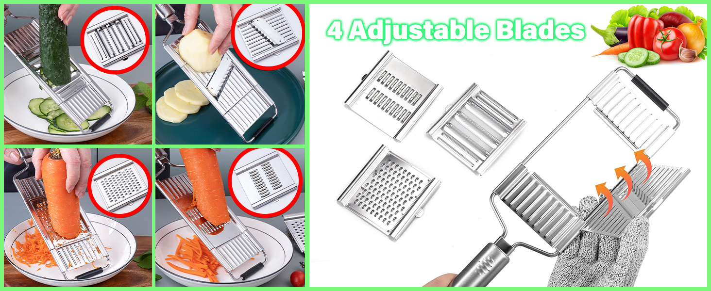 Suuker 4 in 1 Vegetable Cutter with Cheese Grater, Carrot Grater, Cabbage Shredder, Stainless Steel Mandoline Slicer for Kitchen