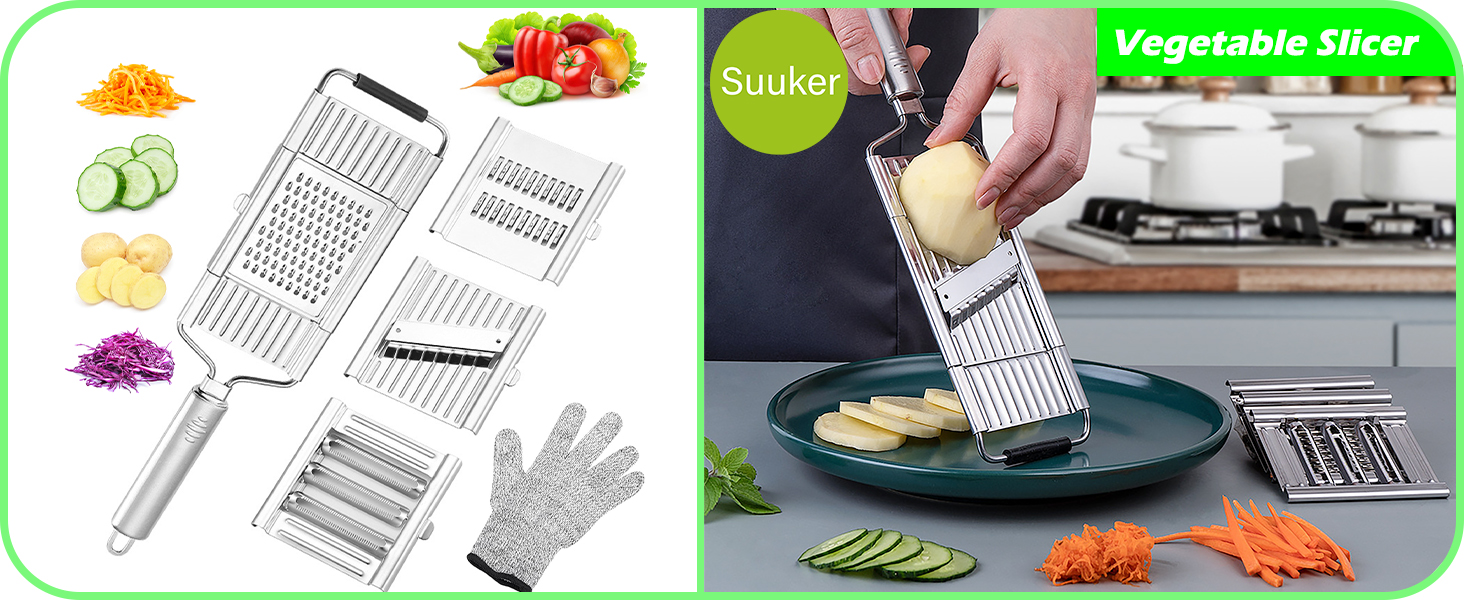 Suuker 4 in 1 Vegetable Cutter with Cheese Grater, Carrot Grater, Cabbage Shredder, Stainless Steel Mandoline Slicer for Kitchen