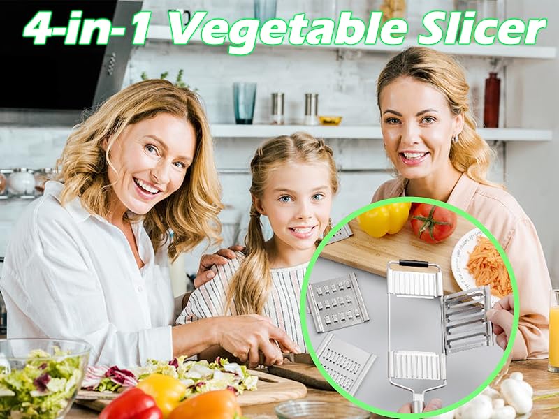 Suuker 4 in 1 Vegetable Cutter with Cheese Grater, Carrot Grater, Cabbage Shredder, Stainless Steel Mandoline Slicer for Kitchen