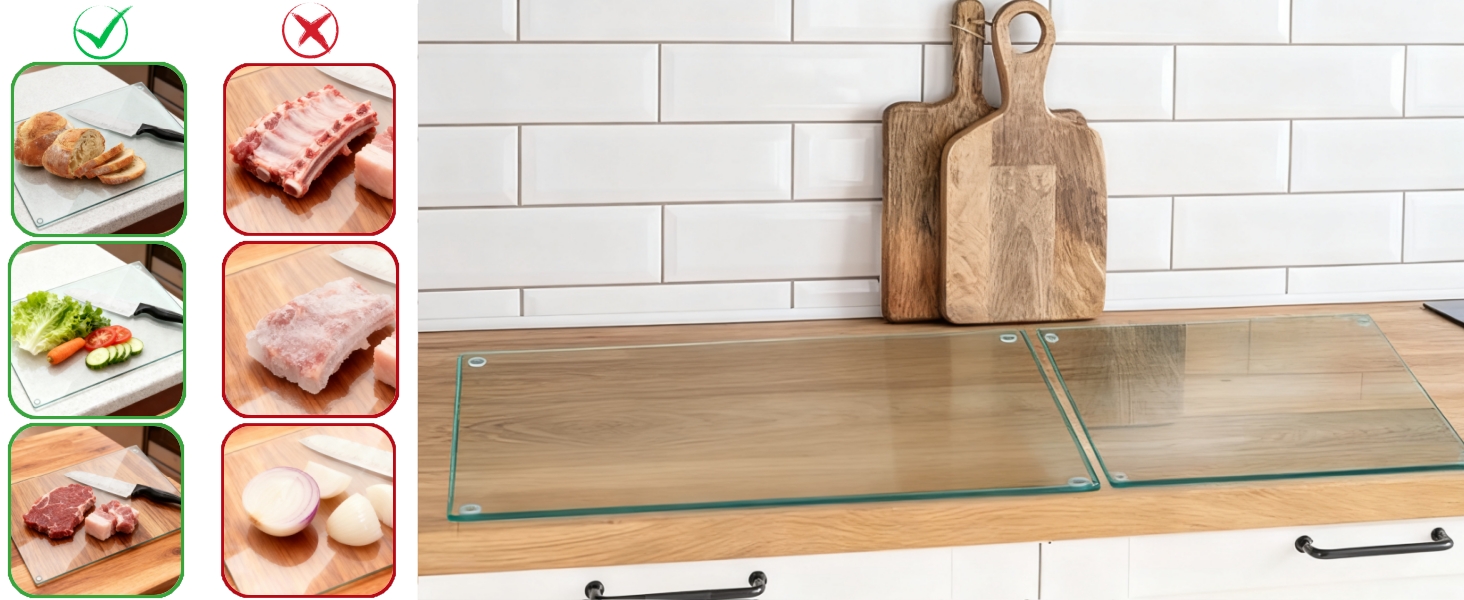 Hacaroa 4 Pack Tempered Glass Cutting Board with Rubber Feet, Rectangle Non-slip Chopping Board, Long Lasting Clear Glass Tray for Kitchen Countertop, Table, Shatter-Resistant, Heat-Resistant, 2 Size