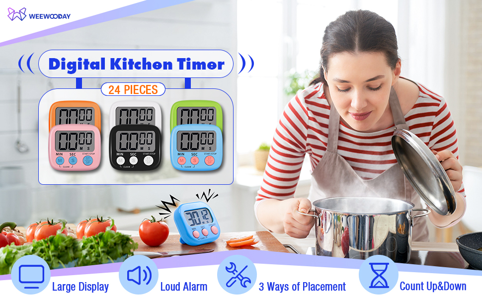 Weewooday 24 Pcs Digital Kitchen Timer Magnetic Timer Bulk On/Off Switch Minute Second Count up Countdown Loud Alarm for Exercise Cook Baking (Classic Color)