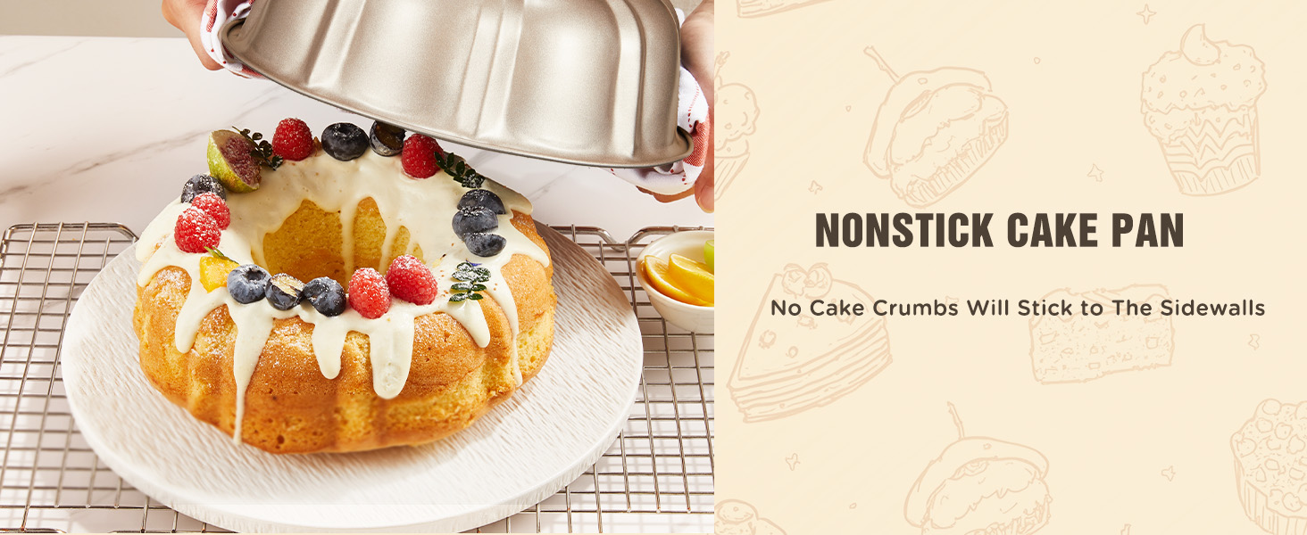 KITESSENSU 9 inch Non-Stick Cake Pans, 12 Cups Premium Fluted Cake Pans for baking, Heavy Duty Carbon Steel Tube Pan Baking Mold, Champagne Gold