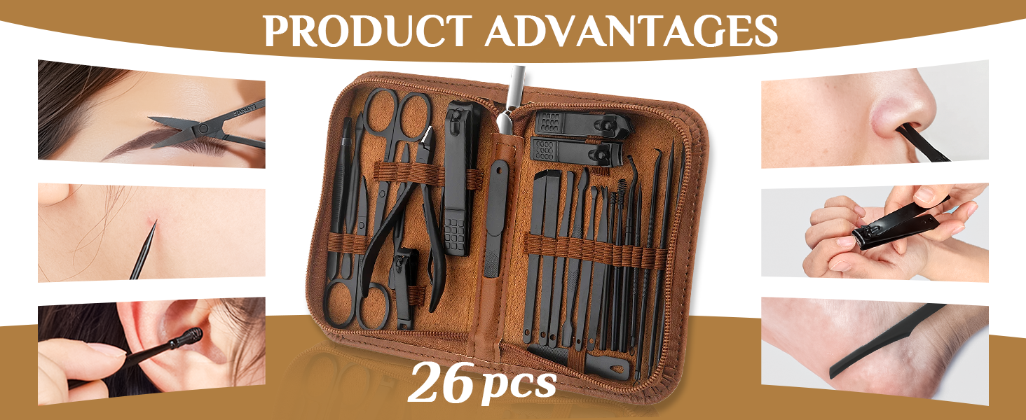 Manicure Set Professional Nail Clipper Kit-26 Pieces Stainless Steel Manicure Kit,Nail Care Tools with Luxurious Travel Case (Brown)