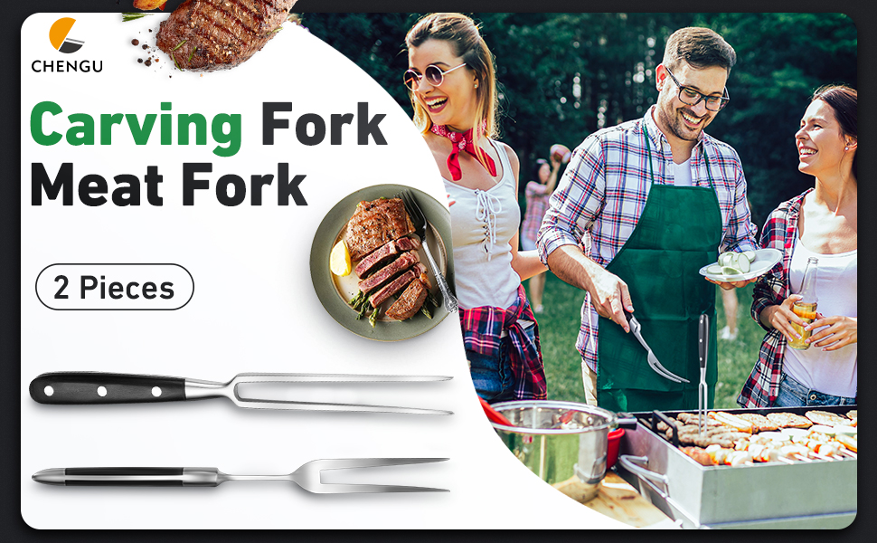 CHENGU 2 Pieces Carving Fork for Meat 12 Inch Kitchen Stainless Steel Serving Cooking with Wood Handle Classic Grill with ABS Handle Xmas Black Barbecue BBQ Fork Carving Set