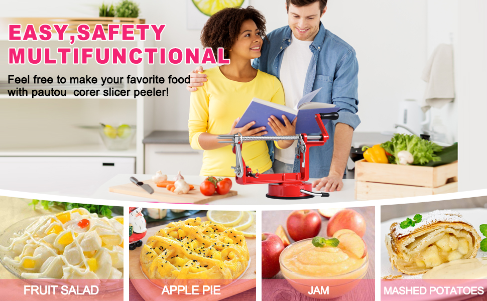 Apple Peeler, Slicer Corer Potato Peelers 3 In 1, Stainless Steel Heavy Duty with Suction Cup Base And 3 Extra Blades (Red)
