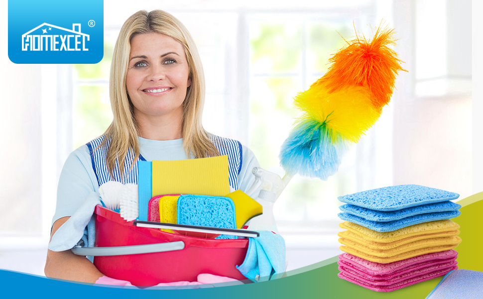 HOMEXCEL 12 Pack Scrub & Wipe Cloths, Dual-Sided Sponges for Kitchen, All-Purpose Cloth for Dishes, Pots, Pans, Non-Stick Cookware, Countertops (Red, Yellow, Blue)