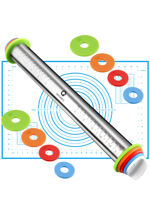 Rolling Pin and Pastry Baking Mat Set, Rolling Pins with Adjustable Thickness Rings, Stainless Steel Dough Roller for Baking Fondant, Pizza, Pie, Pastry, Pasta, Cookies (Blue)