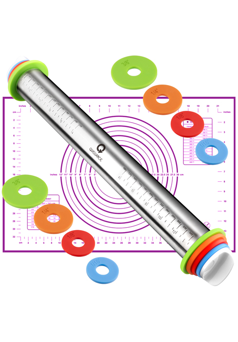 Rolling Pin and Pastry Baking Mat Set, Rolling Pins with Adjustable Thickness Rings, Stainless Steel Dough Roller for Baking Fondant, Pizza, Pie, Pastry, Pasta, Cookies (Blue)