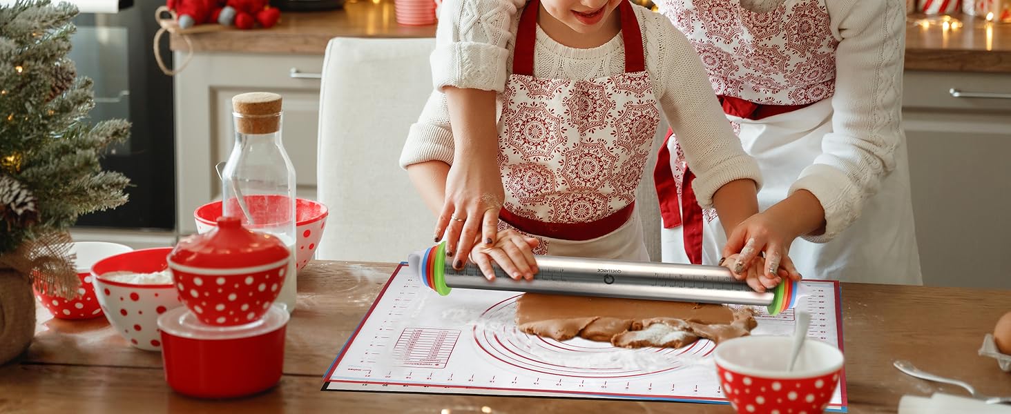 Rolling Pin and Pastry Baking Mat Set, Rolling Pins with Adjustable Thickness Rings, Stainless Steel Dough Roller for Baking Fondant, Pizza, Pie, Pastry, Pasta, Cookies (Blue)