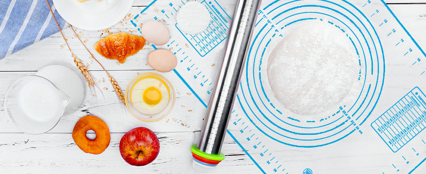 Rolling Pin and Pastry Baking Mat Set, Rolling Pins with Adjustable Thickness Rings, Stainless Steel Dough Roller for Baking Fondant, Pizza, Pie, Pastry, Pasta, Cookies (Blue)