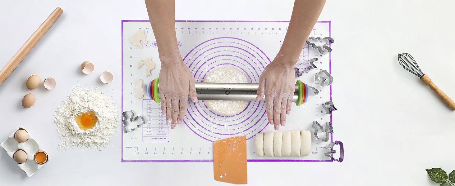 Rolling Pin and Pastry Baking Mat Set, Rolling Pins with Adjustable Thickness Rings, Stainless Steel Dough Roller for Baking Fondant, Pizza, Pie, Pastry, Pasta, Cookies (Blue)