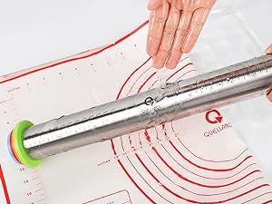 Rolling Pin and Pastry Baking Mat Set, Rolling Pins with Adjustable Thickness Rings, Stainless Steel Dough Roller for Baking Fondant, Pizza, Pie, Pastry, Pasta, Cookies (Blue)