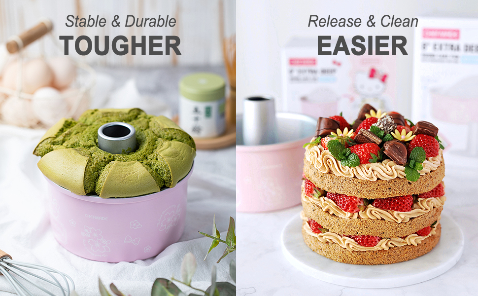 CHEFMADE Hello Kitty Angel Food Cake Pan, 6-Inch with 2 Removable Loose Bottoms Non-Stick Chiffon Tube Pan for Oven and Instant Pot Baking (Pink)