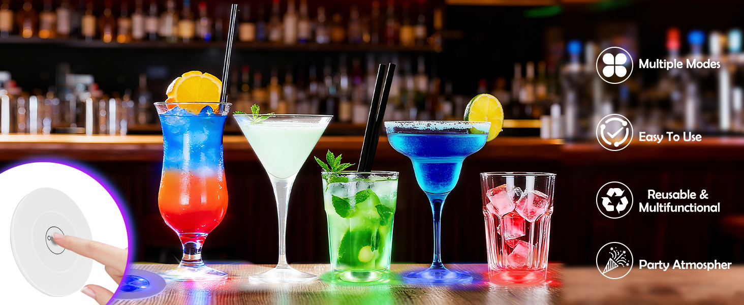 AHIIER 12 Pcs RGB Led Coasters - Multicolor Led Bar Coaster with 7 Colors, Bottle Lights and Sticker Lights for Party, Wedding, Bar