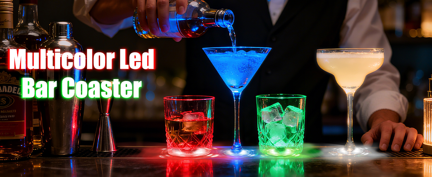AHIIER 12 Pcs RGB Led Coasters - Multicolor Led Bar Coaster with 7 Colors, Bottle Lights and Sticker Lights for Party, Wedding, Bar