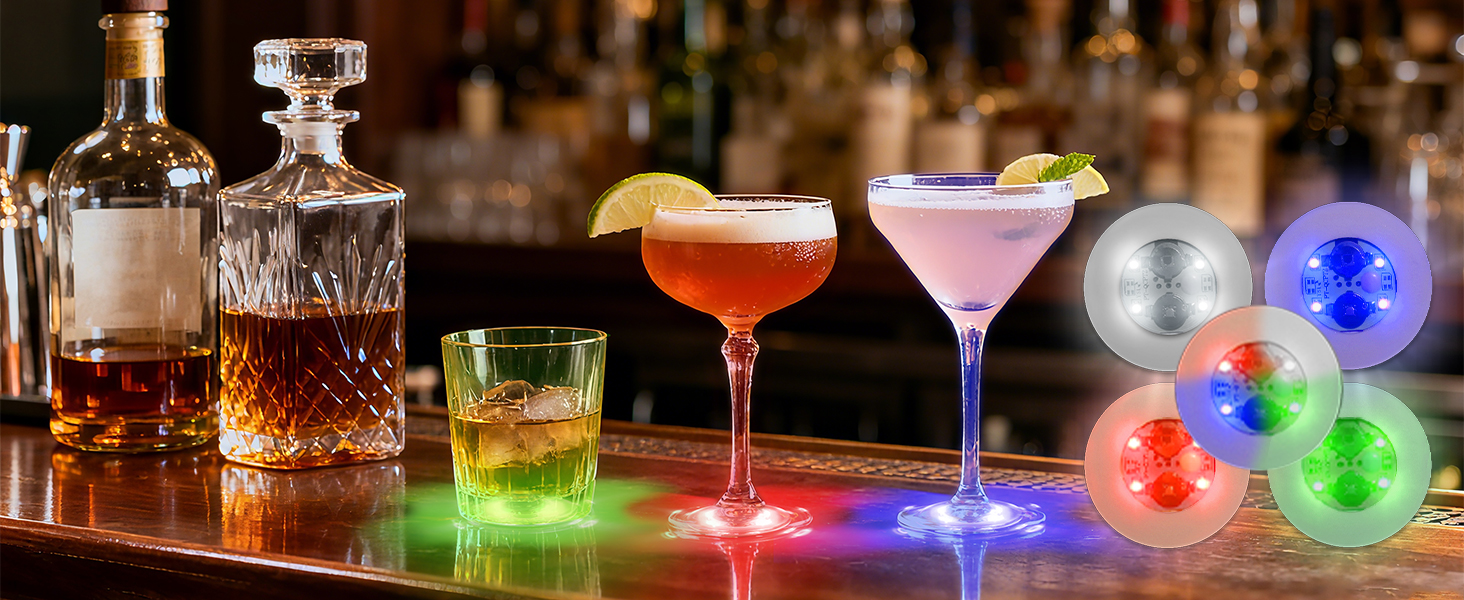 AHIIER 12 Pcs RGB Led Coasters - Multicolor Led Bar Coaster with 7 Colors, Bottle Lights and Sticker Lights for Party, Wedding, Bar