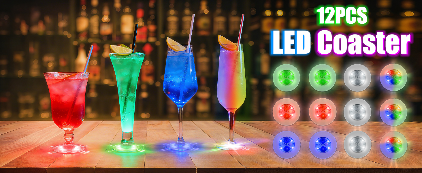 AHIIER 12 Pcs RGB Led Coasters - Multicolor Led Bar Coaster with 7 Colors, Bottle Lights and Sticker Lights for Party, Wedding, Bar