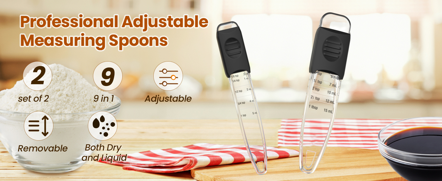 Professional Adjustable Measuring Spoons Set of 2#2258, Fits in Spice Jars, Teaspoon Measuring Spoons 9 in 1 for Dry and Liquid, BPA- free & Dishwasher Safe