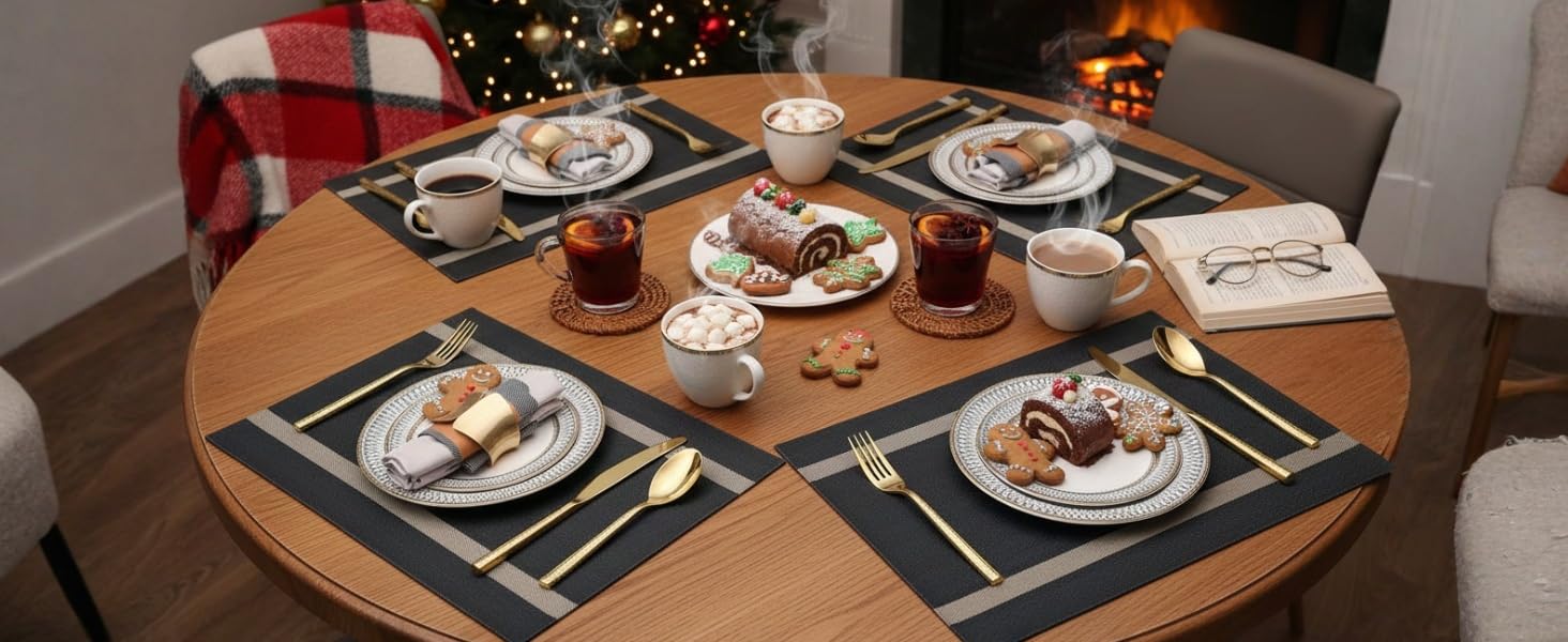 SLKQG Navy Blue Placemats Set of 4 - Easy Clean Washable Vinyl Placemats - Wipeable Heat Resistant Table Mats for Dining Table - 17x12 Inch (Navy Blue, 4)