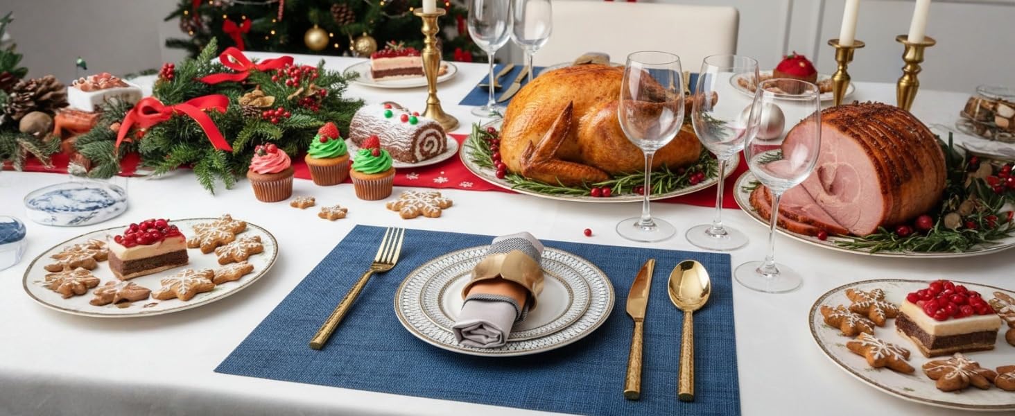 SLKQG Navy Blue Placemats Set of 4 - Easy Clean Washable Vinyl Placemats - Wipeable Heat Resistant Table Mats for Dining Table - 17x12 Inch (Navy Blue, 4)