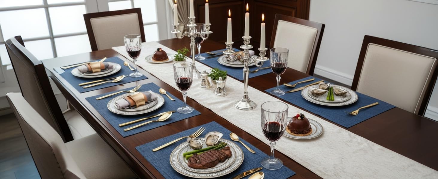 SLKQG Navy Blue Placemats Set of 4 - Easy Clean Washable Vinyl Placemats - Wipeable Heat Resistant Table Mats for Dining Table - 17x12 Inch (Navy Blue, 4)