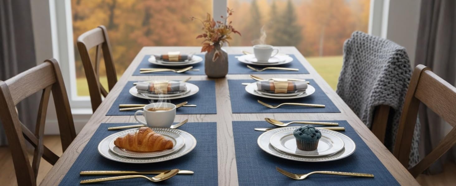 SLKQG Navy Blue Placemats Set of 4 - Easy Clean Washable Vinyl Placemats - Wipeable Heat Resistant Table Mats for Dining Table - 17x12 Inch (Navy Blue, 4)