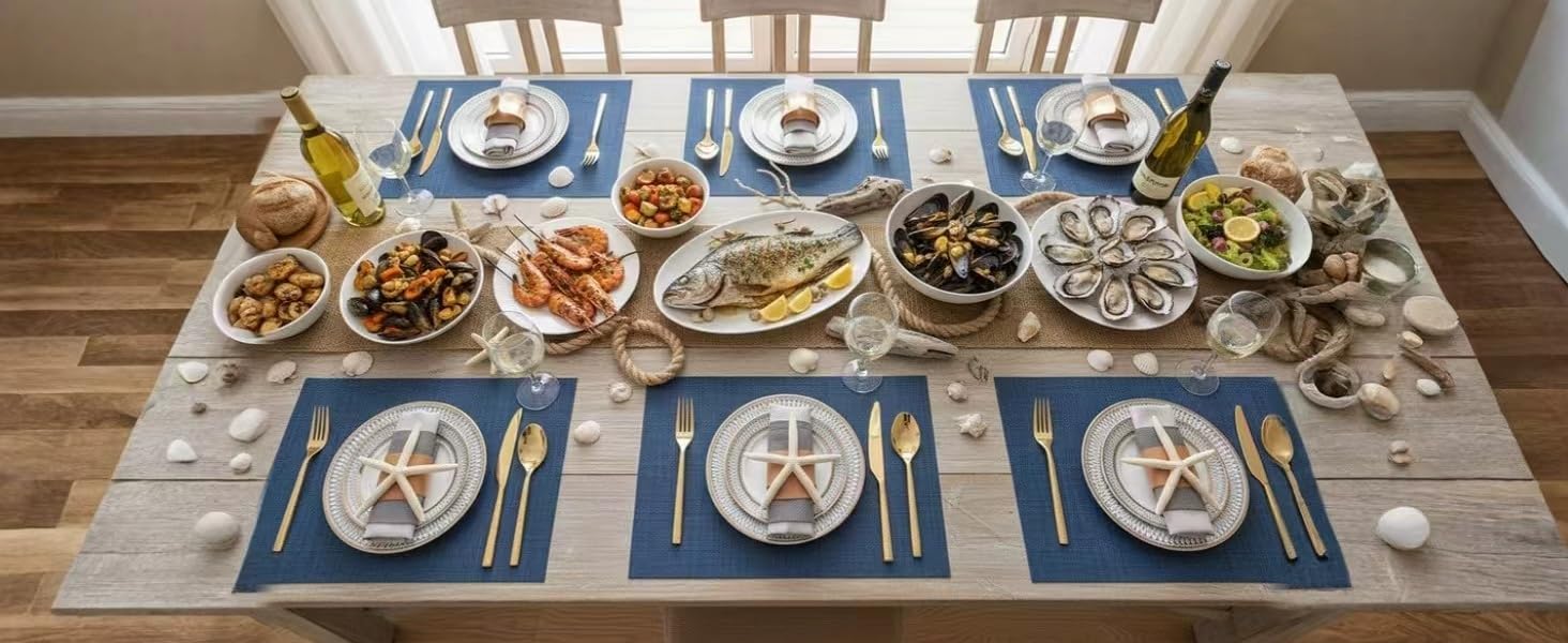 SLKQG Navy Blue Placemats Set of 4 - Easy Clean Washable Vinyl Placemats - Wipeable Heat Resistant Table Mats for Dining Table - 17x12 Inch (Navy Blue, 4)