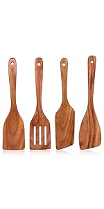 2 Pcs Wooden Spatula Set for Cooking Non Toxic Teak Kitchen Utensils Slotted Pancake Turner Flat Wood Wok Spatulas Bamboo Spoon for Cooking Utensil Set Spurtle Scraper Black Fish Egg Flipper Spatula