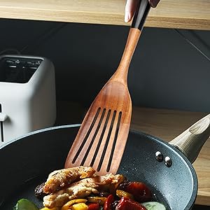 2 Pcs Wooden Spatula Set for Cooking Non Toxic Teak Kitchen Utensils Slotted Pancake Turner Flat Wood Wok Spatulas Bamboo Spoon for Cooking Utensil Set Spurtle Scraper Black Fish Egg Flipper Spatula