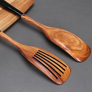 2 Pcs Wooden Spatula Set for Cooking Non Toxic Teak Kitchen Utensils Slotted Pancake Turner Flat Wood Wok Spatulas Bamboo Spoon for Cooking Utensil Set Spurtle Scraper Black Fish Egg Flipper Spatula