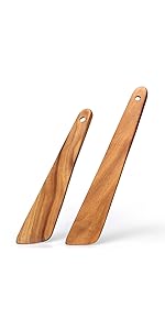 2 Pcs Wooden Spatula Set for Cooking Non Toxic Teak Kitchen Utensils Slotted Pancake Turner Flat Wood Wok Spatulas Bamboo Spoon for Cooking Utensil Set Spurtle Scraper Black Fish Egg Flipper Spatula