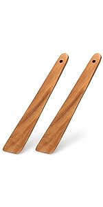 2 Pcs Wooden Spatula Set for Cooking Non Toxic Teak Kitchen Utensils Slotted Pancake Turner Flat Wood Wok Spatulas Bamboo Spoon for Cooking Utensil Set Spurtle Scraper Black Fish Egg Flipper Spatula