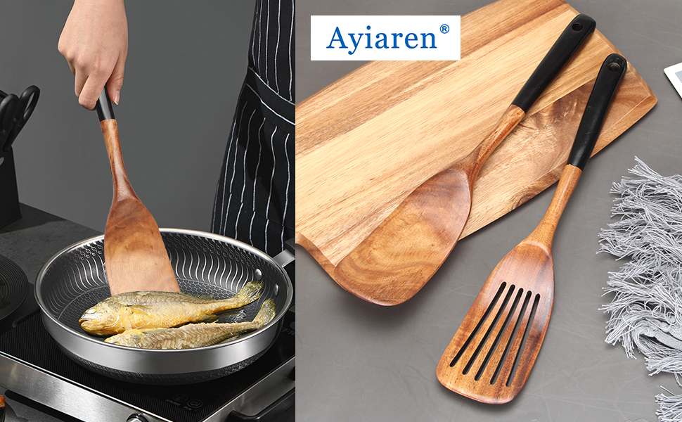 2 Pcs Wooden Spatula Set for Cooking Non Toxic Teak Kitchen Utensils Slotted Pancake Turner Flat Wood Wok Spatulas Bamboo Spoon for Cooking Utensil Set Spurtle Scraper Black Fish Egg Flipper Spatula