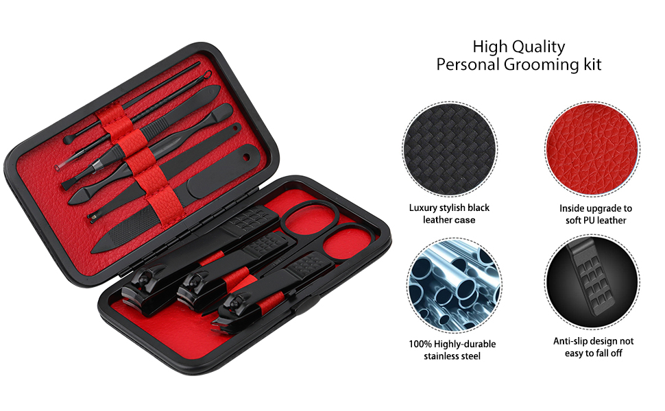 Manicure Set Nail Clippers Kit Professional Stainless Steel Nail Care Tools with Leather Travel Case 10 in 1 Black